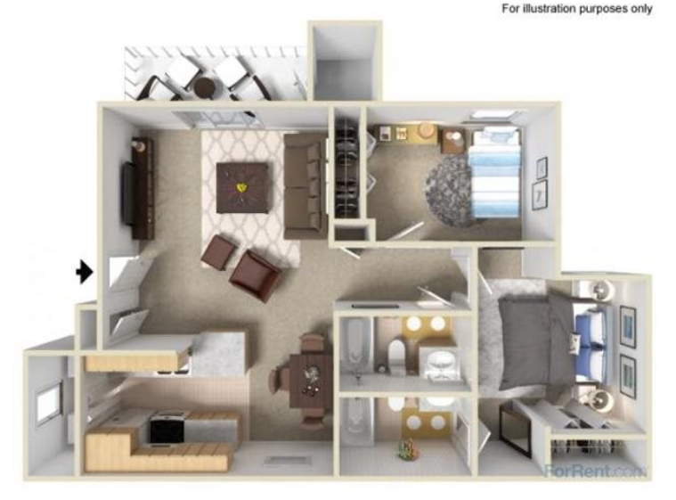 Floor plan for 2 beds, 2 baths, 922 sqft